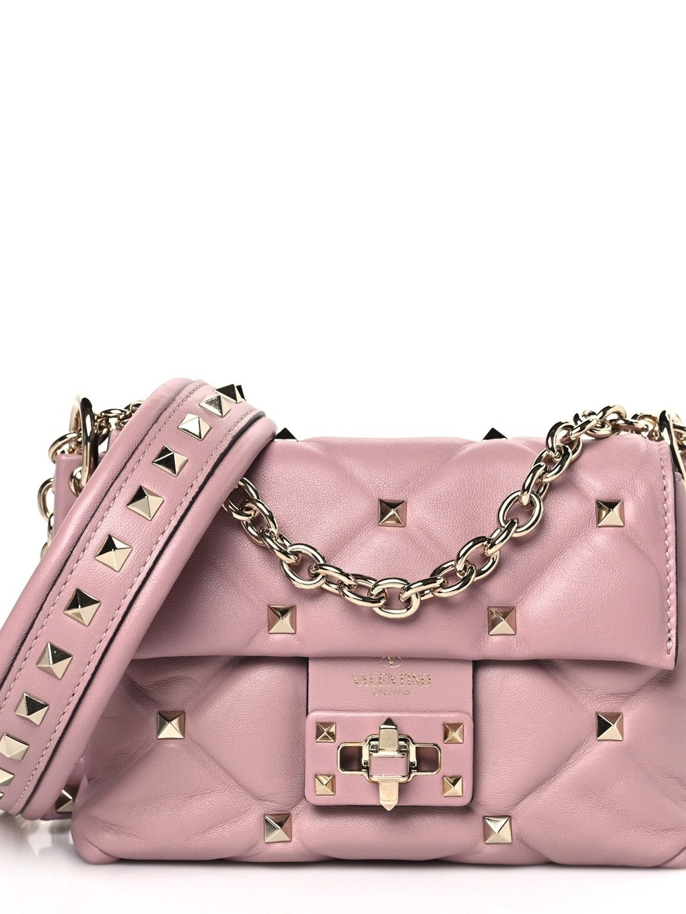 Valentino Garavani Lilac Pink Quilted Rockstud Shoulder Bag with Chain Strap